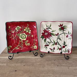 Red Poinsettia Floral Platters/Trays/Plates 8.75" Square Christmas & Stands